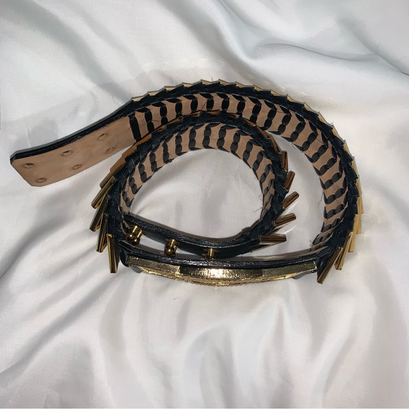BALMAIN black leather BELT w/14k gold plate CHEVRON DARTS STATEMENT BUCKLE main image 10